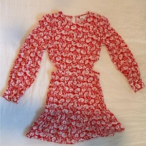Top Shop Long Sleeve Cut Out Ruffle Dress Size 4 Red And White Floral Pattern